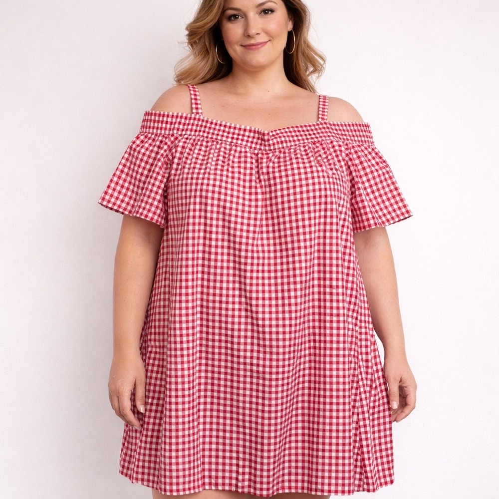 GO‎ COCO Dress 3X Red Gingham Plaid Off Shoulder Cottagecore Picnic Cotton NWT